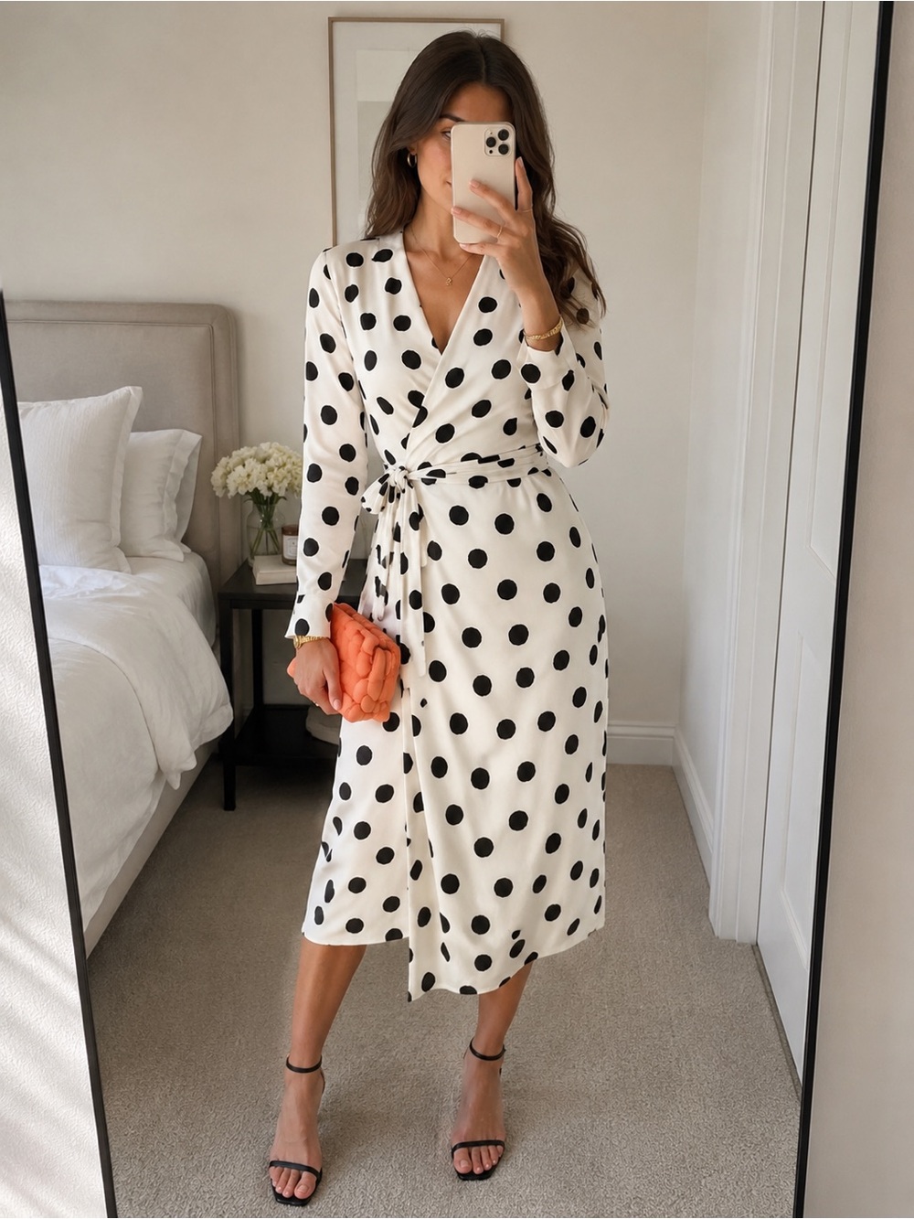 Pinko Ausilia White & Black Polka Dot Wrap Midi Dress – A-Line Silhouette – 36